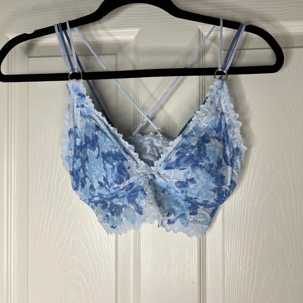 Aerie Sunkissed Lace Padded Plunge Bralette, Eyelet Blue , Size SMALL - Picture 2 of 3
